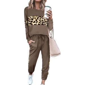 imagePRETTYGARDEN Womens 2 Piece Sets 2025 Long Sleeve Tops High Waisted Sweatpants Lounge Set Fall Fashion Travel OutfitsLeopard Dark Khaki