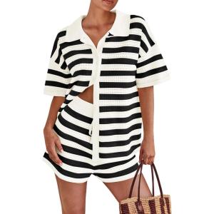 imagePRETTYGARDEN Womens 2 Piece Shorts Sets Casual Summer 2025 Short Sleeve Striped Sweater Set Matching Beach Vacation OutfitBlack