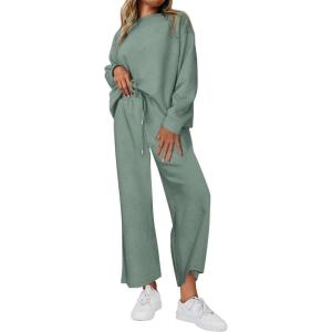 imagePRETTYGARDEN Womens 2025 Fall 2 Piece Outfits Long Sleeve Pullover Tops Wide Leg Pants Matching Lounge Sets Fashion ClothingBean Green