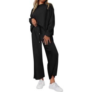 imagePRETTYGARDEN Womens 2025 Fall 2 Piece Outfits Long Sleeve Pullover Tops Wide Leg Pants Matching Lounge Sets Fashion ClothingBlack