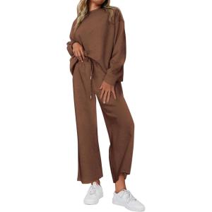 imagePRETTYGARDEN Womens 2025 Fall 2 Piece Outfits Long Sleeve Pullover Tops Wide Leg Pants Matching Lounge Sets Fashion ClothingBrown