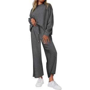 imagePRETTYGARDEN Womens 2025 Fall 2 Piece Outfits Long Sleeve Pullover Tops Wide Leg Pants Matching Lounge Sets Fashion ClothingGrey