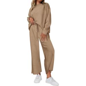 imagePRETTYGARDEN Womens 2025 Fall 2 Piece Outfits Long Sleeve Pullover Tops Wide Leg Pants Matching Lounge Sets Fashion ClothingKhaki