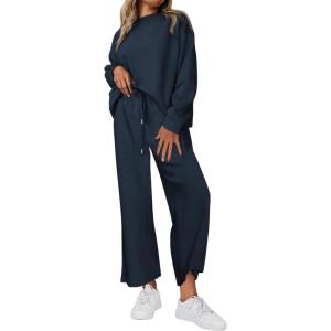 imagePRETTYGARDEN Womens 2025 Fall 2 Piece Outfits Long Sleeve Pullover Tops Wide Leg Pants Matching Lounge Sets Fashion ClothingNavy