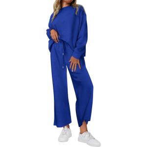 imagePRETTYGARDEN Womens 2025 Fall 2 Piece Outfits Long Sleeve Pullover Tops Wide Leg Pants Matching Lounge Sets Fashion ClothingRoyal Blue