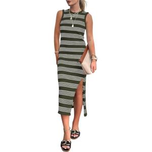 imagePRETTYGARDEN Womens 2025 Summer Dresses Casual Sleeveless Hollow Out Knit Side Slit Striped Midi Tank DressArmy Green
