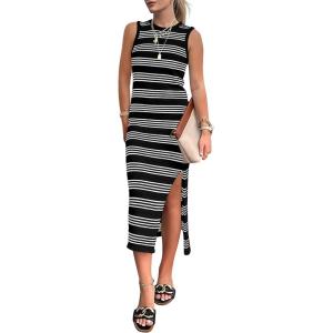 imagePRETTYGARDEN Womens 2025 Summer Dresses Casual Sleeveless Hollow Out Knit Side Slit Striped Midi Tank DressBlack
