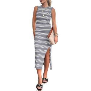 imagePRETTYGARDEN Womens 2025 Summer Dresses Casual Sleeveless Hollow Out Knit Side Slit Striped Midi Tank DressGrey