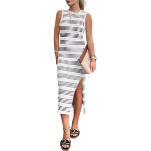 imagePRETTYGARDEN Womens 2025 Summer Dresses Casual Sleeveless Hollow Out Knit Side Slit Striped Midi Tank DressStriped White Grey