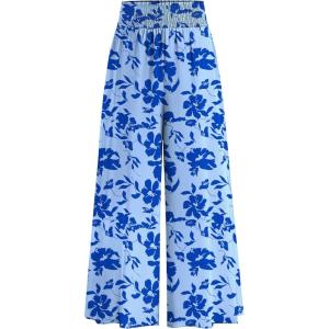imagePRETTYGARDEN Womens 2025 Summer Flowy Wide Leg Palazzo Pants Dressy Casual Elastic High Waisted Pockets Boho Beach TrousersFloral Blue