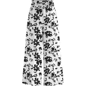 imagePRETTYGARDEN Womens 2025 Summer Flowy Wide Leg Palazzo Pants Dressy Casual Elastic High Waisted Pockets Boho Beach TrousersFloral White Black