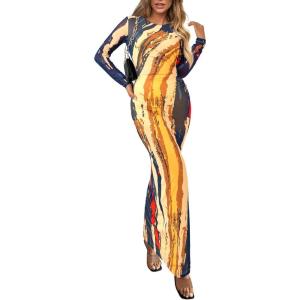 imagePRETTYGARDEN Womens Bodycon Maxi Dress Fall Spring Fashion Long Sleeve Floral Print Tight Fitted Party Club Ruched DressesNavy Watercolor