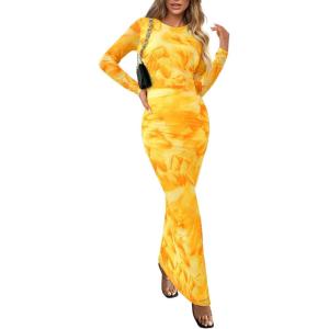 imagePRETTYGARDEN Womens Bodycon Maxi Dress Fall Spring Fashion Long Sleeve Floral Print Tight Fitted Party Club Ruched DressesYellow Big Floral