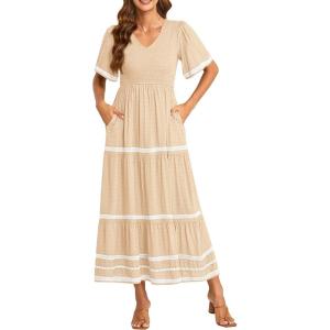 imagePRETTYGARDEN Womens Casual Summer Maxi Dress Short Sleeve Swiss Dot V Neck Smocked Long Flowy Beach DressesApricot