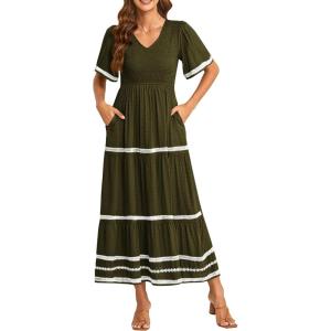 imagePRETTYGARDEN Womens Casual Summer Maxi Dress Short Sleeve Swiss Dot V Neck Smocked Long Flowy Beach DressesArmy Green
