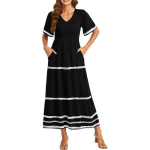 imagePRETTYGARDEN Womens Casual Summer Maxi Dress Short Sleeve Swiss Dot V Neck Smocked Long Flowy Beach DressesBlack