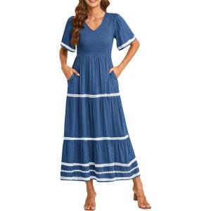 imagePRETTYGARDEN Womens Casual Summer Maxi Dress Short Sleeve Swiss Dot V Neck Smocked Long Flowy Beach DressesBlue