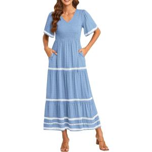 imagePRETTYGARDEN Womens Casual Summer Maxi Dress Short Sleeve Swiss Dot V Neck Smocked Long Flowy Beach DressesLight Blue