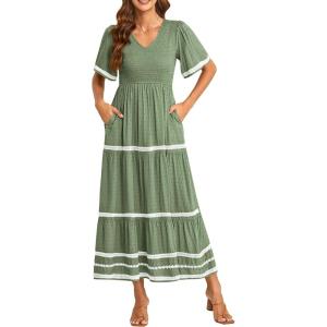 imagePRETTYGARDEN Womens Casual Summer Maxi Dress Short Sleeve Swiss Dot V Neck Smocked Long Flowy Beach DressesLight Green