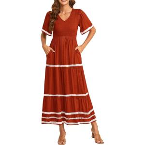 imagePRETTYGARDEN Womens Casual Summer Maxi Dress Short Sleeve Swiss Dot V Neck Smocked Long Flowy Beach DressesOrange Red