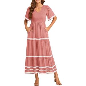 imagePRETTYGARDEN Womens Casual Summer Maxi Dress Short Sleeve Swiss Dot V Neck Smocked Long Flowy Beach DressesPink