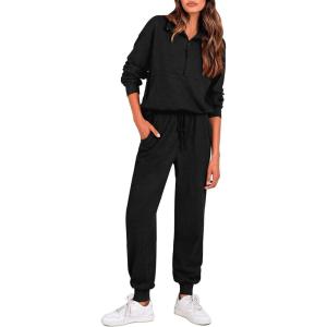imagePRETTYGARDEN Womens Fall 2 Piece Lounge Sets Zip Up Sweatshirt Jogger Pants Sweat Track Suits Travel Outfit Winter ClothingBlack