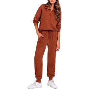 imagePRETTYGARDEN Womens Fall 2 Piece Lounge Sets Zip Up Sweatshirt Jogger Pants Sweat Track Suits Travel Outfit Winter ClothingBrick Red