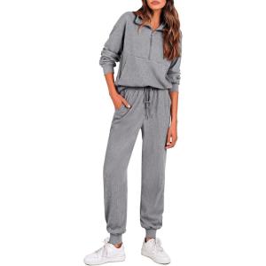 imagePRETTYGARDEN Womens Fall 2 Piece Lounge Sets Zip Up Sweatshirt Jogger Pants Sweat Track Suits Travel Outfit Winter ClothingGrey