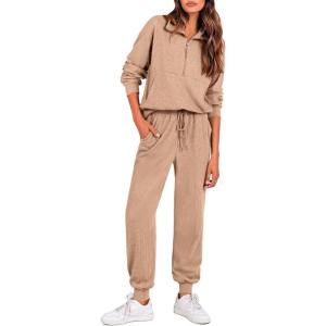 imagePRETTYGARDEN Womens Fall 2 Piece Lounge Sets Zip Up Sweatshirt Jogger Pants Sweat Track Suits Travel Outfit Winter ClothingKhaki