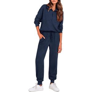 imagePRETTYGARDEN Womens Fall 2 Piece Lounge Sets Zip Up Sweatshirt Jogger Pants Sweat Track Suits Travel Outfit Winter ClothingNavy