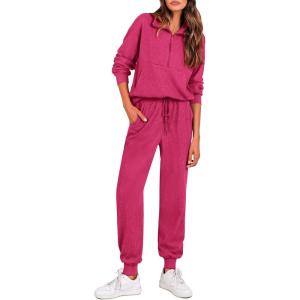 imagePRETTYGARDEN Womens Fall 2 Piece Lounge Sets Zip Up Sweatshirt Jogger Pants Sweat Track Suits Travel Outfit Winter ClothingRose Red