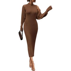 imagePRETTYGARDEN Womens Fall 2 Piece Outfits Knit Long Sleeve Cropped Cardigan Pullover Sweater Maxi Dress Sets Winter ClothingBrown