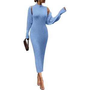 imagePRETTYGARDEN Womens Fall 2 Piece Outfits Knit Long Sleeve Cropped Cardigan Pullover Sweater Maxi Dress Sets Winter ClothingLight Blue