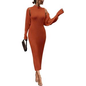 imagePRETTYGARDEN Womens Fall 2 Piece Outfits Knit Long Sleeve Cropped Cardigan Pullover Sweater Maxi Dress Sets Winter ClothingOrange