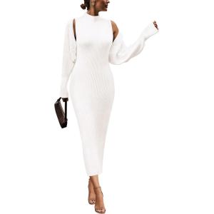 imagePRETTYGARDEN Womens Fall 2 Piece Outfits Knit Long Sleeve Cropped Cardigan Pullover Sweater Maxi Dress Sets Winter ClothingWhite