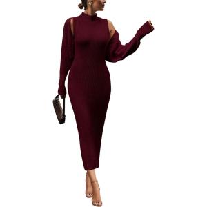 imagePRETTYGARDEN Womens Fall 2 Piece Outfits Knit Long Sleeve Cropped Cardigan Pullover Sweater Maxi Dress Sets Winter ClothingWine Red