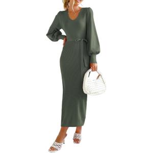 imagePRETTYGARDEN Womens Fall Knit Pullover Sweater Dress Elegant Long Lantern Sleeve V Neck Winter Maxi Bodycon DressesArmy Green