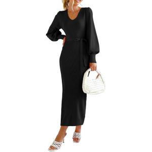 imagePRETTYGARDEN Womens Fall Knit Pullover Sweater Dress Elegant Long Lantern Sleeve V Neck Winter Maxi Bodycon DressesBlack