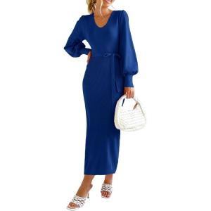 imagePRETTYGARDEN Womens Fall Knit Pullover Sweater Dress Elegant Long Lantern Sleeve V Neck Winter Maxi Bodycon DressesBlue