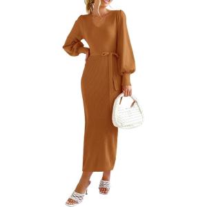 imagePRETTYGARDEN Womens Fall Knit Pullover Sweater Dress Elegant Long Lantern Sleeve V Neck Winter Maxi Bodycon DressesCamel