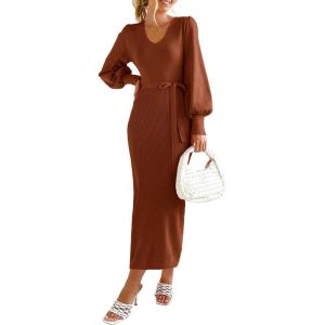 imagePRETTYGARDEN Womens Fall Knit Pullover Sweater Dress Elegant Long Lantern Sleeve V Neck Winter Maxi Bodycon DressesCaramel