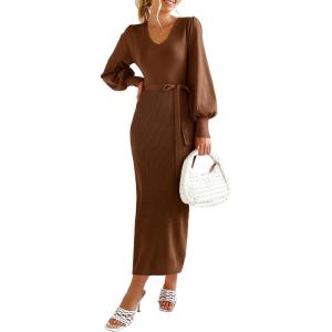imagePRETTYGARDEN Womens Fall Knit Pullover Sweater Dress Elegant Long Lantern Sleeve V Neck Winter Maxi Bodycon DressesCoffee