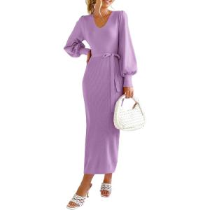 imagePRETTYGARDEN Womens Fall Knit Pullover Sweater Dress Elegant Long Lantern Sleeve V Neck Winter Maxi Bodycon DressesLight Purple