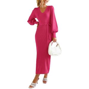 imagePRETTYGARDEN Womens Fall Knit Pullover Sweater Dress Elegant Long Lantern Sleeve V Neck Winter Maxi Bodycon DressesRose Red