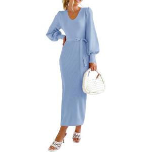 imagePRETTYGARDEN Womens Fall Knit Pullover Sweater Dress Elegant Long Lantern Sleeve V Neck Winter Maxi Bodycon DressesSky Blue