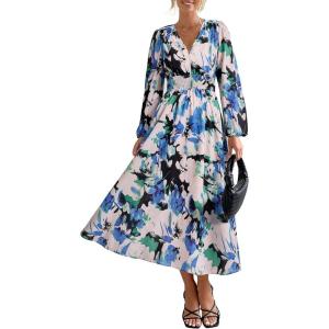 imagePRETTYGARDEN Womens Floral Midi Dress Casual Fall V Neck Long Sleeve Flowy Spring Beach Wedding Guest Vacation DressesBlack Blue Floral