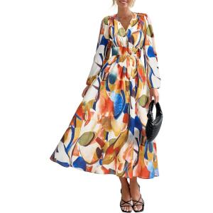 imagePRETTYGARDEN Womens Floral Midi Dress Casual Fall V Neck Long Sleeve Flowy Spring Beach Wedding Guest Vacation DressesBlue Watercolour