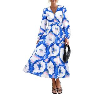 imagePRETTYGARDEN Womens Floral Midi Dress Casual Fall V Neck Long Sleeve Flowy Spring Beach Wedding Guest Vacation DressesBlue White Watercolour