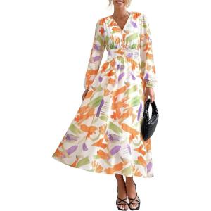 imagePRETTYGARDEN Womens Floral Midi Dress Casual Fall V Neck Long Sleeve Flowy Spring Beach Wedding Guest Vacation DressesOrange Purple Floral
