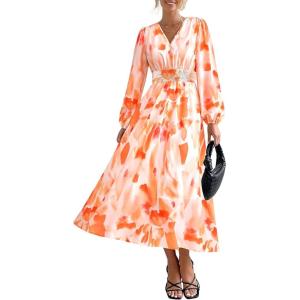 imagePRETTYGARDEN Womens Floral Midi Dress Casual Fall V Neck Long Sleeve Flowy Spring Beach Wedding Guest Vacation DressesRed Floral